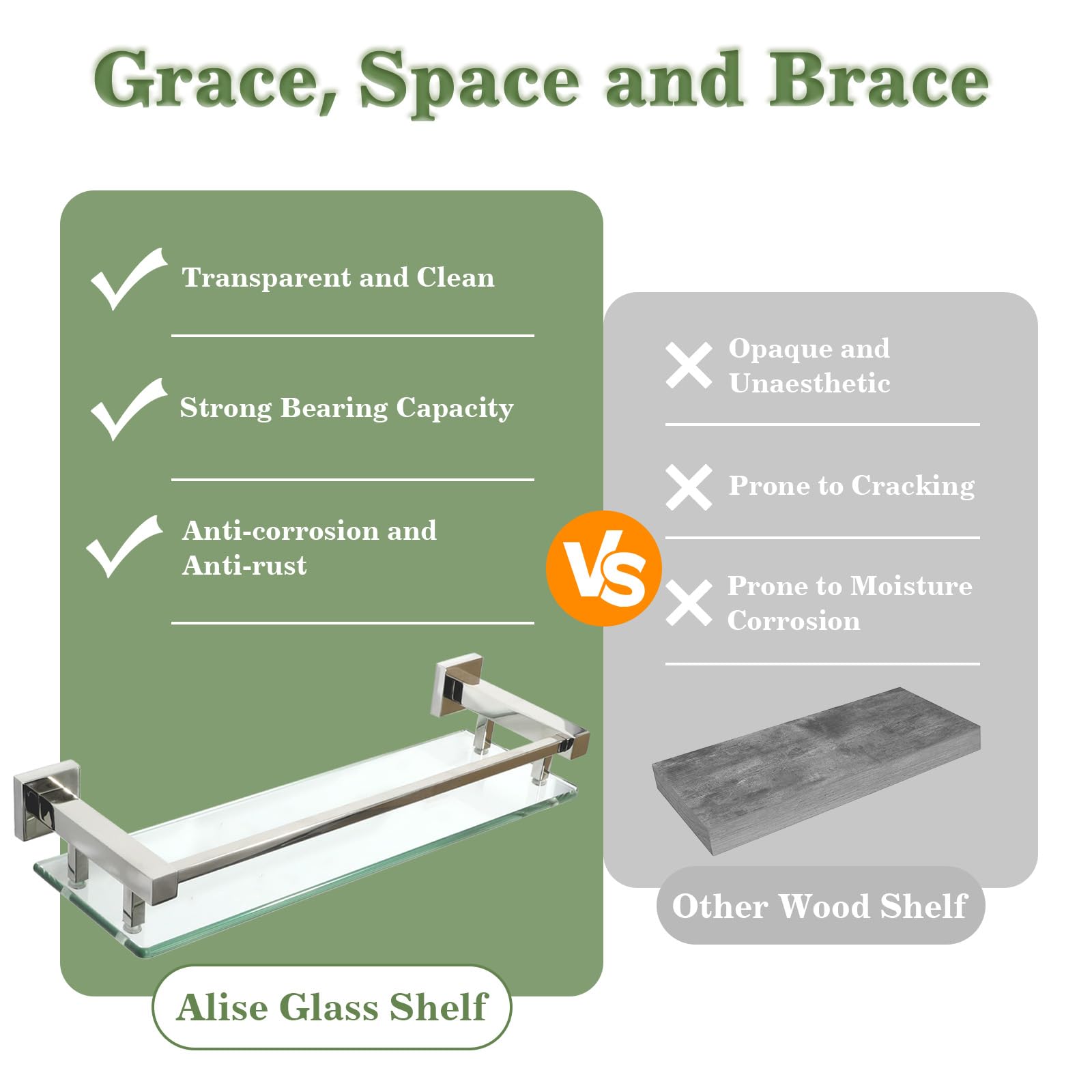 Alise Glass Bathroom Shelf, Polished Chrome Tempered Glass Shelves For Bathroom, Stainless Steel Modern Bathroom Floating Shelve